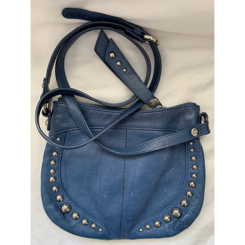 B. Makowsky Blue Leather Studded Crossbody Bag Leopard Print Lining BM-4147#620